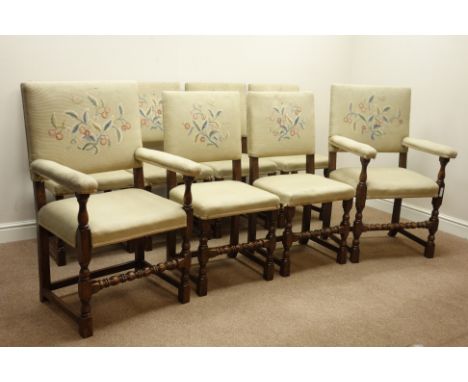 Set of eight (6+2) late 19th century Charles I style dining chairs, on bobbin turned supports, including two elbow chairs    