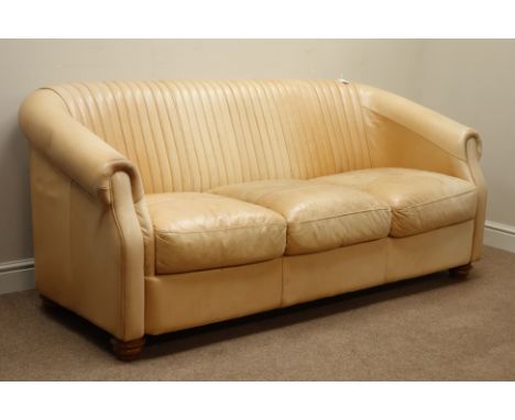 Three seat sofa upholstered in light tan ribbed leather, W190cm, H79cm, D88cm   Condition Report   Click here for further ima