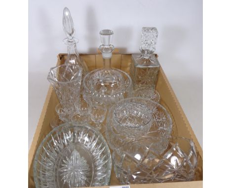 Webb & Corbett crystal decanter, two other decanters, set of five Brierley crystal sherry glasses, Edinburgh crystal fruit bo