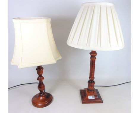 Two turned wood table lamps, H57cm including shade  (This item is PAT tested - 5 day warranty from date of sale)   Condition 