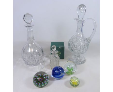 Large cut glass Claret jug, cut glass decanter two early 20th Century scent bottles, Haford Grange paperweight and three othe
