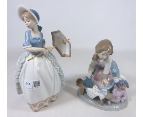 Lladro figure of a girl with doll and a Nao figurine (2)   Condition Report   Click here for further images, condition, aucti