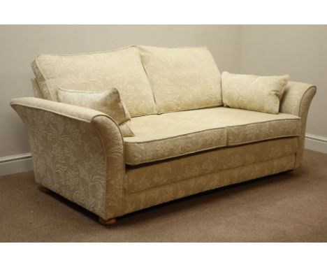 Duresta two seat sofa upholstered in neutral cream patterned fabric, turned lightwood feet, W178cm   Condition Report   Click