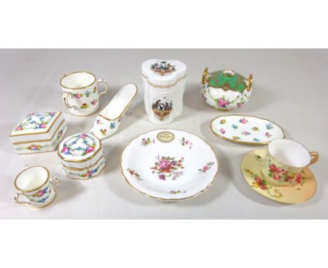Various Mintons hand painted ceramics, Royal Worcester blush ivory miniature cup and saucer and lidded box and similar cerami