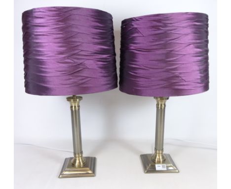 Pair of brushed metal corinthian stye table lamps, H including shade H53.5cm  (This item is PAT tested - 5 day warranty from 