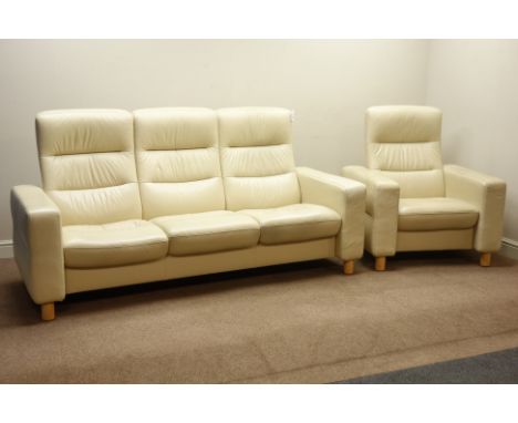 Ekornes Stressless 'Wave' three seat reclining sofa (W200cm), and matching armchair upholstered in cream leather Condition Re