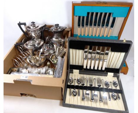 Late Victorian silver plated tea and coffee pot, other silver plated teaware, silver plated flatware and two part canteens   