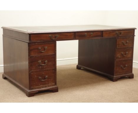 19th/20th century mahogany twin pedestal partners desk, nine drawers to each side, inset leather top, on bracket feet, 178cm,