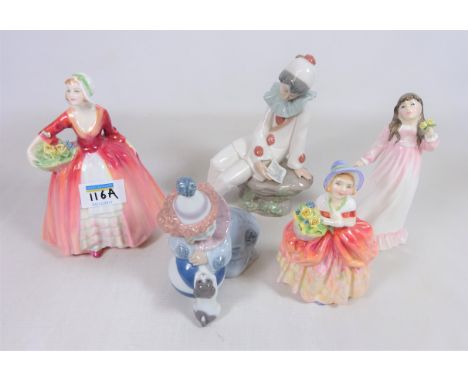 Lladro Clown, Royal Doulton 'Janet', 'Cissie', 'Flowers for Mother' and a Nao model (5) Condition Report Click here for furth