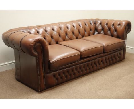 Three seat Chesterfield sofa upholstered in brown leather, W205cm   Condition Report   Click here for further images, conditi