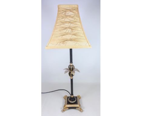 Gilt table lamp with palm leaf decoration on scroll feet, H64.5cm including shade  (This item is PAT tested - 5 day warranty 