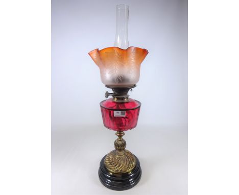 Victorian cranberry glass oil lamp with etched glass shade, and two spare funnels  Condition Report Click here for further im