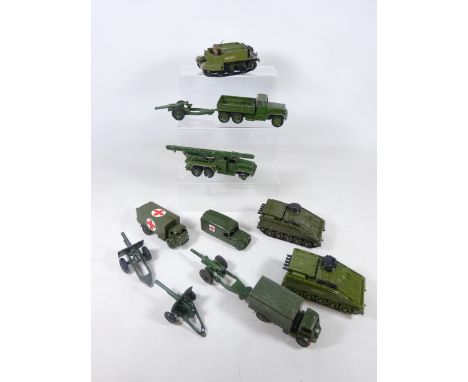 Dinky diecast army missile launcher, Bren Gun carrier, two Dinky Strikers and other Dinky military diecast models and parts (