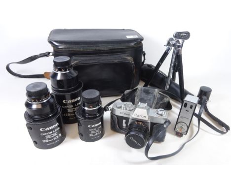 Canon EX EE QL 35mm Camera, with 35mm, 95mm and 125mm 1:3.5  lenses in cases, Mecablitz Flash gun, Vivo tripod, filters, char