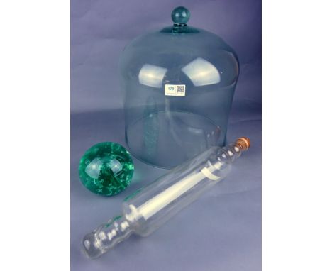 Victorian glass rolling pin, glass cheese dome D30cm and large Victorian glass dump (3)   Condition Report   Click here for f