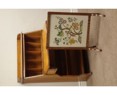 Early 20th century light oak bureau with single drawer (W77cm, H104cm, D33cm), and an oak fire screen with needlework panel  
