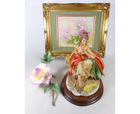 Hand painted still life picture on tile, large Capodimonte figure of a seated lady and a Connoisseur 'Perfect Peach' limited 