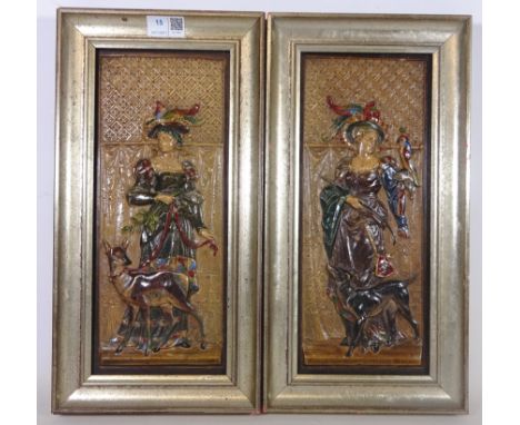Pair of German late 19th Century earthenware relief moulded tiles by Herman Robert Bichweiler depicting; lady with falcon & h