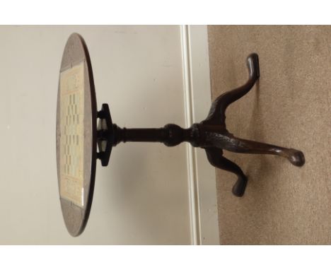 George III mahogany circular bird cage tilt top tripod table, top with later carvings and inset chess board, turned fluted co