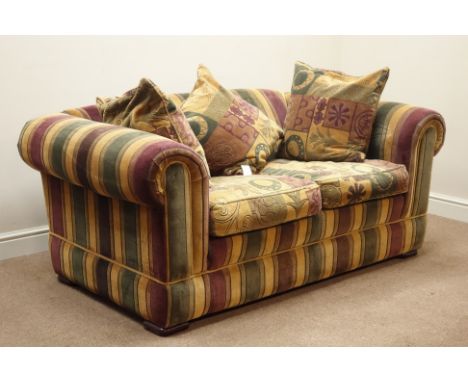 Two seat sofa upholstered in striped fabric with patterned loose cushions, W170cm   Condition Report   Click here for further