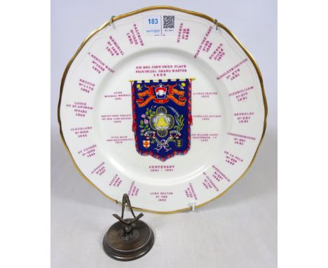 Masonic commemorative plate and a Masonic silver plated ring stand with square and compass (2)   Condition Report   Click her