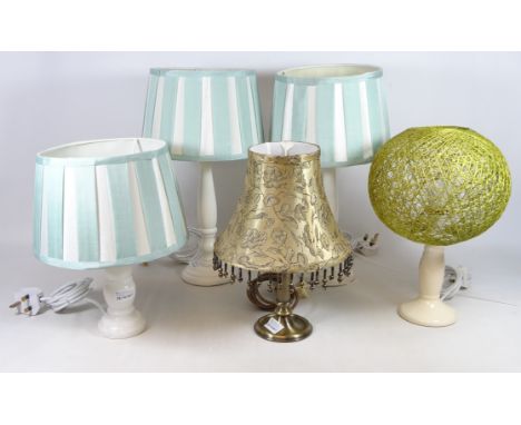 Pair of cream finish table lamps H44cm, similar table lamp with matching shade, small brushed metal table lamp and one other 