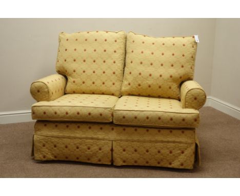 Two seat sofa (W140cm), and matching wingback armchair (W85cm), upholstered in pale gold fabric Condition Report Click here f