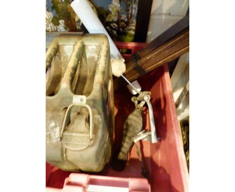 Astral telescope and wooden tripod and a vintage five gallon jerry can