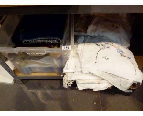 Two boxes of linen and tapestry 