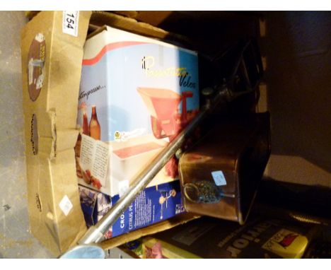 Box of mixed items including shooting stick and 1960s crash helmet 