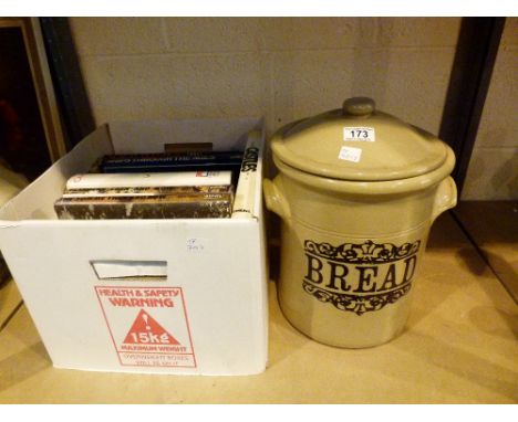 Large ceramic bread bin and a box of mixed books