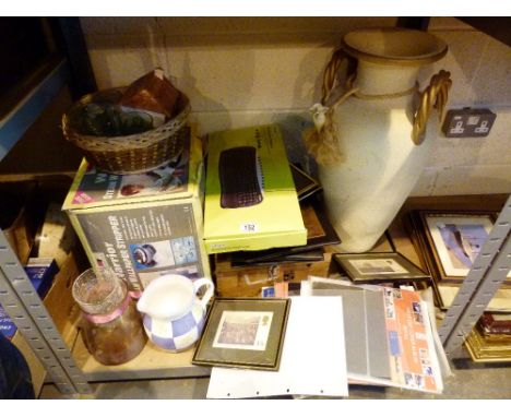 Shelf of mixed items including wallpaper steamer, large vase and stamp albums etc 