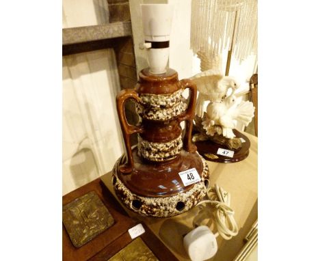 West German brown glaze twin handled table lamp lacking shade H: 30 cm