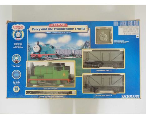 A BACHMANN G scale 'Percy and the Troublesome Trucks' Train Set from the Thomas and Friends range - comprising loco, two wago