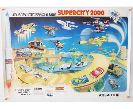 A rolled late 1970s WH SMITH Supercity 2000 advertising poster for DINKY, CORGI and MATCHBOX toys, measurements approx. 34" x