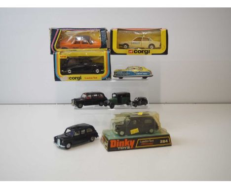A group of boxed and unboxed Taxis of various scales, to include DINKY, MORESTONE and CORGI - conditions range from F/VG in F