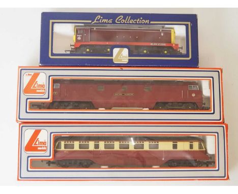 A group of LIMA OO gauge diesel locomotives, comprising a Western Class in BR maroon, an ex GWR Railcar in BR crimson and cre