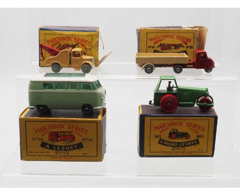 A group of MATCHBOX Regular Wheels, comprising a No 34b Volkswagen Caravette, a No 1b Diesel Road Roller, a No 10b Scammell M