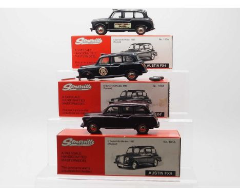 A group of hand built 1:43 scale white metal Austin FX4 taxis by SOMERVILLE comprising a plain maroon example , a black 'Mini