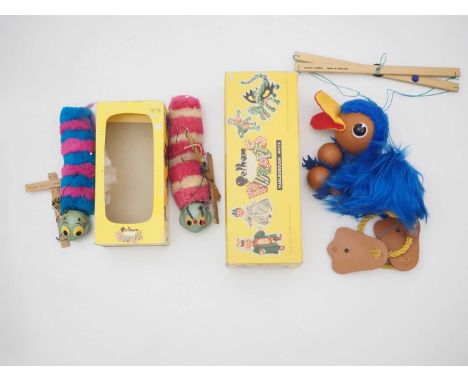 A pair of PELHAM PUPPET animals comprising Rod Hull's Emu and a pair of A6 caterpillars sharing a yellow box - G/VG in F/G bo