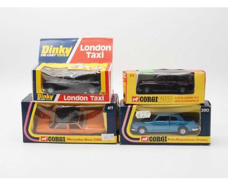 A group of vintage 1970s scale diecast models by DINKY and CORGI, comprising a DINKY No 264 London Taxi in black, CORGI Whizz