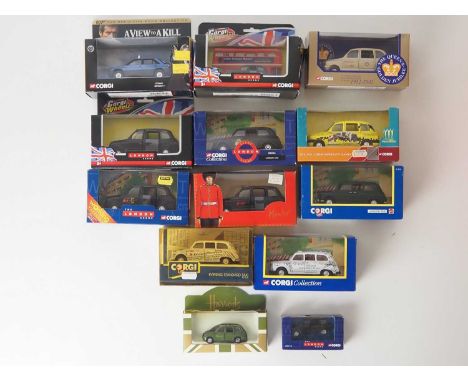 A group of diecast model Taxis by CORGI - to include a set with a London bus , a Harrods branded example and a TXI taxi - VG/
