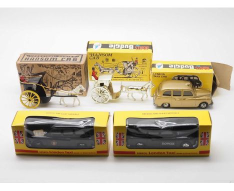 A group of 1:43 scale diecast models by BUDGIE, SEEROL and MORESTONE, comprising a MORESTONE Hansom Cab, BUDGIE Hansom Cab, B