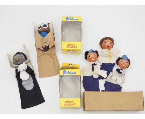 A group of original PELHAM PUPPET Glove Puppets comprising G8 Crow (in yellow window box), Owl (in Glove Puppet box), 2 x boy