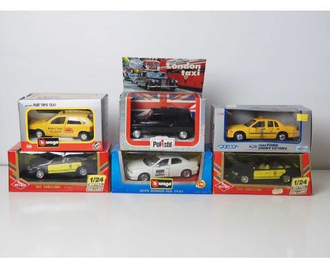 A group of 1:24 scale diecast model Taxis by BBURAGO, POLISTIL, WELLY and GULIOY to include a BBURAGO Alfa Romeo 156, a POLIS