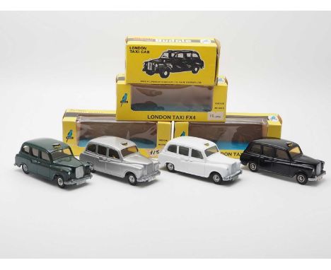 A group of 1:43 scale diecast models by BUDGIE, comprising Austin FX4 London Taxis in silver, black, green and white - VG, gr