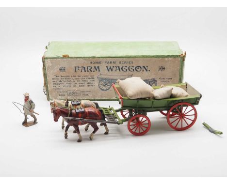 A BRITAINS Farm Series, Set 5F  'Farm Wagon' (Pre War Issue) comprising of apple green 4 wheeled wagon with red spoked wheels