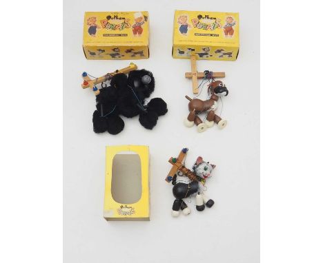 A group of three PELHAM PUPPET animals in small / animal yellow boxes comprising Bengo, Poodle (black) and an A8 cat - G in F