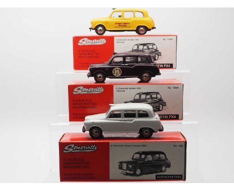 A group of hand built 1:43 scale white metal Austin FX4 taxis by SOMERVILLE comprising a plain white example , a maroon 'Mini