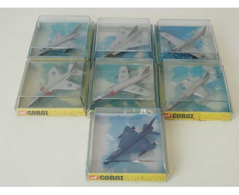 A group of vintage 1970s CORGI (LINTOY) military aircraft, comprising 2 x 1304 MIG 21 P.F in different colours, a 1303 Lockhe